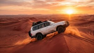 Four-wheel-drive vehicle crossing red sand dunes on a Dubai desert safari